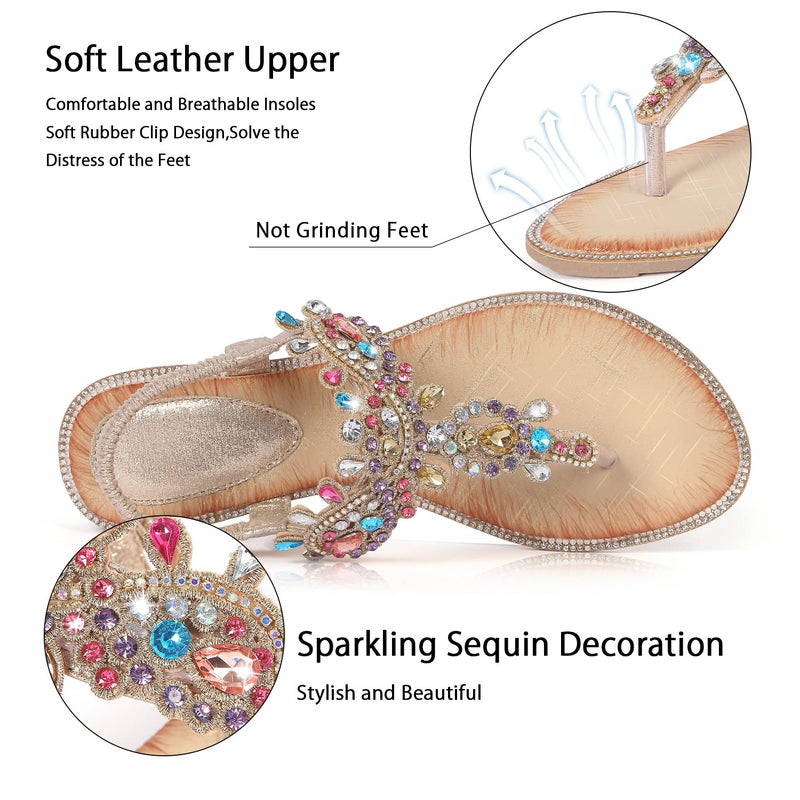 iCKER Women Rhinestone Sandals T-Strap Buckle Bohemian Pearl Crystal Flat Sandals-PD01-Gold-9 - Image 2